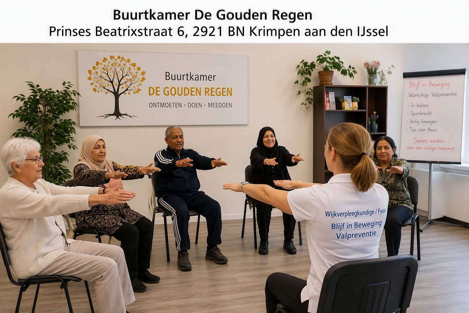 Een groep mensen doet al zittend op een stoel in een kring in een buurtkamer beweeg oefeningen begeleid door een instructrice